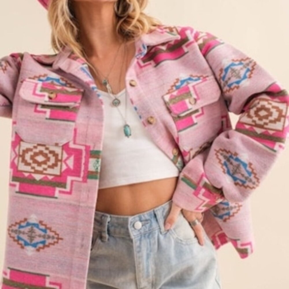 Jacquard Aztec Chest Pocket Front Loose Button Up Shirt Jacket/Shacket!